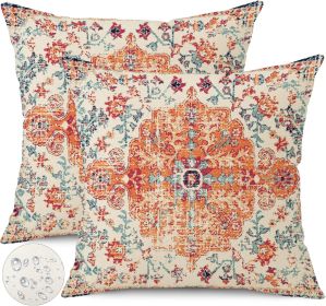 Outdoor Waterproof Pillow Covers 18X18 Inch Set of 2 - Bohemian Vintage Carpet Pattern Orange Blue Ethnic Design Decorative Farmhouse for Couch G